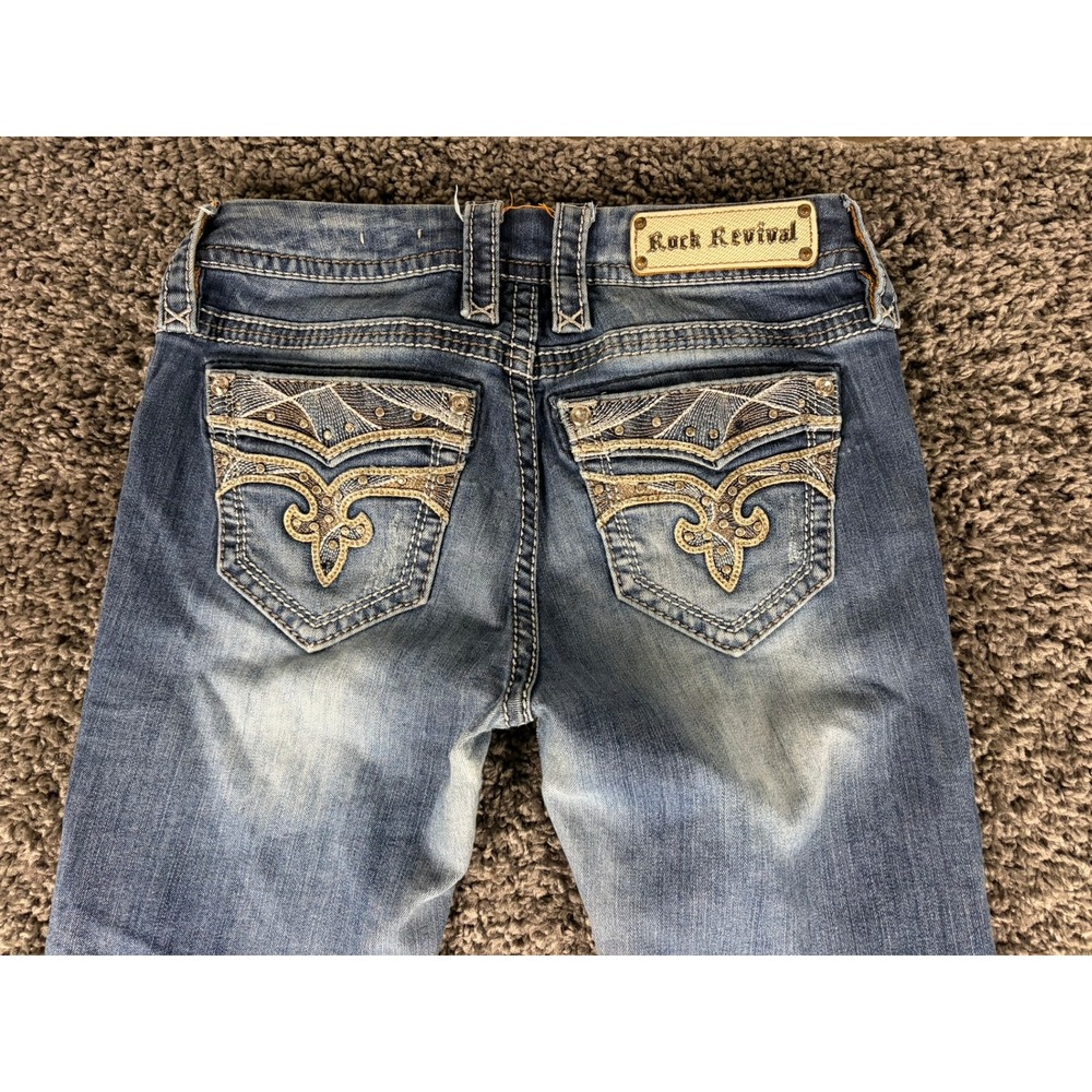 Rock Revival Sapphire Mid-Rise Bootcut Jeans Blue Rhinestone Embroidered 27 - Picture 10 of 10